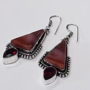 Handmade Mookaite Jasper, Garnet Gem 925 Vintage Drop Dangle Earrings